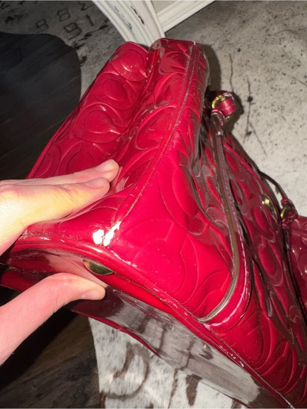 Vintage Coach Peyton Burgundy Patent Leather  Op Art Embossed Bag